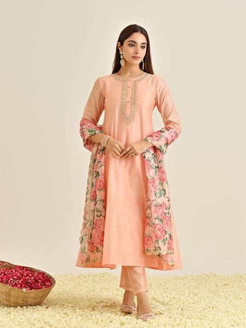 rustorange peach embroidered kurta with pant & dupatta