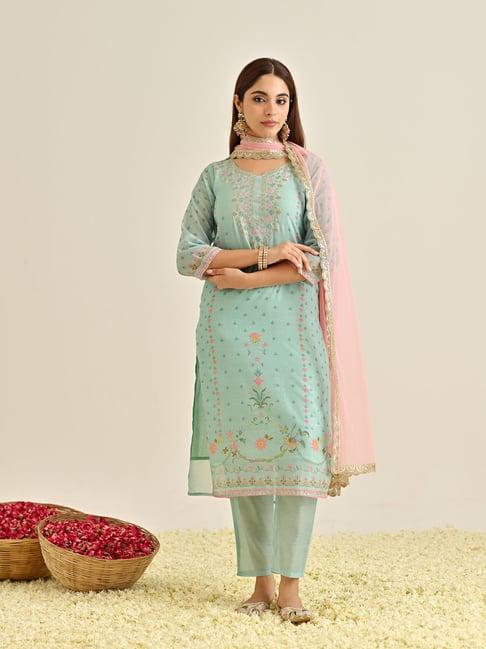 rustorange blue embroidered kurta with pant & dupatta