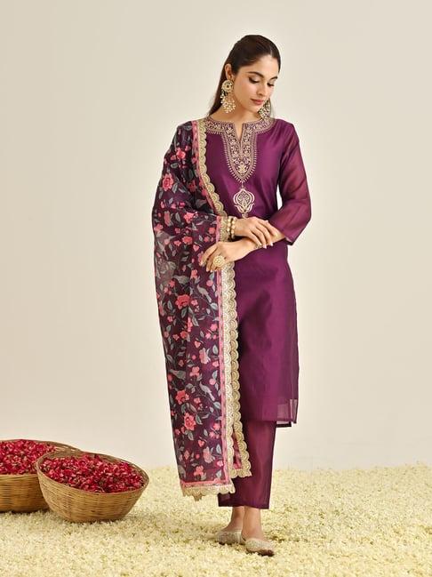 rustorange purple embroidered kurta with pant & dupatta