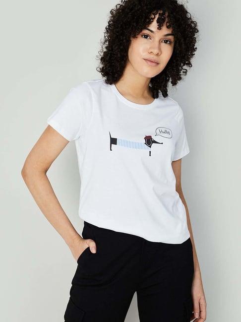 ginger by lifestyle white cotton printed t-shirt