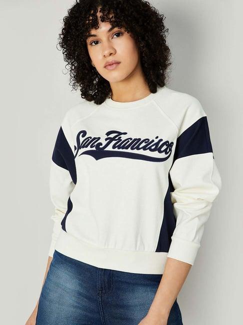 ginger by lifestyle white & blue cotton printed sweatshirt