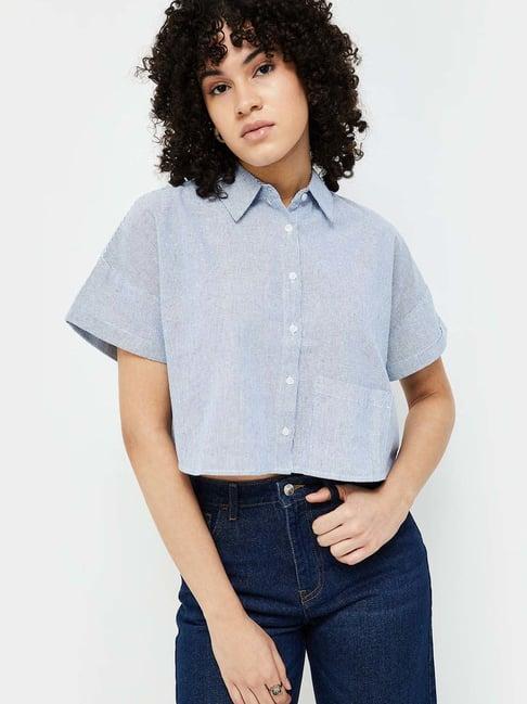 ginger by lifestyle blue cotton striped cropped shirt