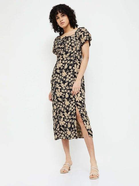 ginger by lifestyle beige printed a-line dress