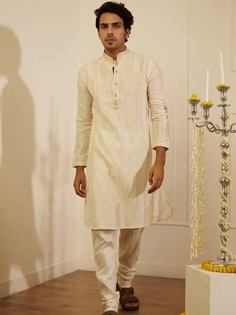 house of chikankari off-white silk amir silk straight men's kurta set