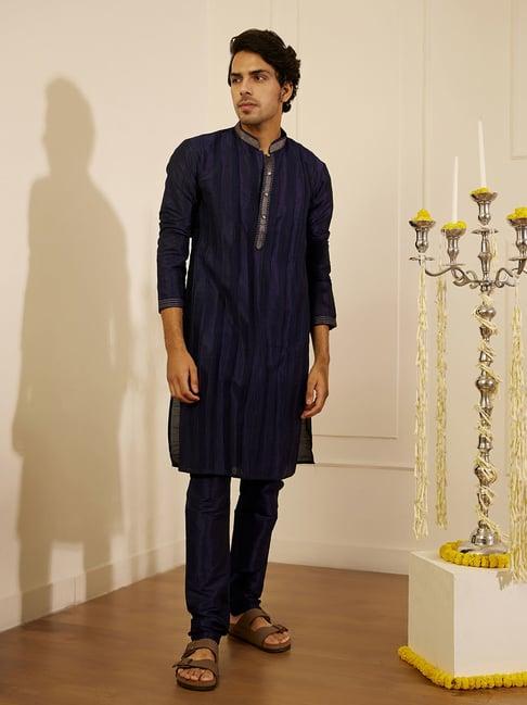 house of chikankari navy blue silk amir silk straight men's kurta set