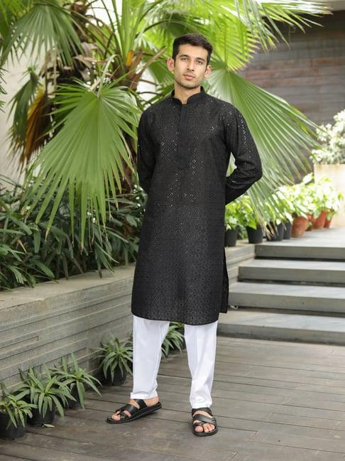 house of chikankari black cotton ashra chikankari cotton straight men's kurta with sequin