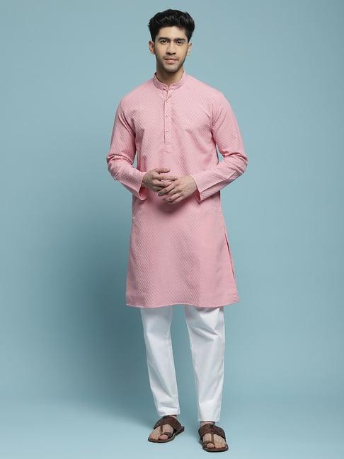 house of chikankari pink dobby dobby textured solid men's long kurta - pink