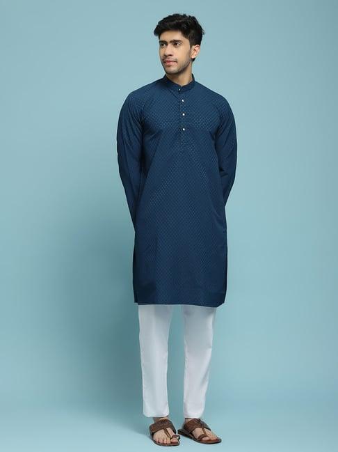 house of chikankari blue dobby dobby textured solid men's long kurta - blue