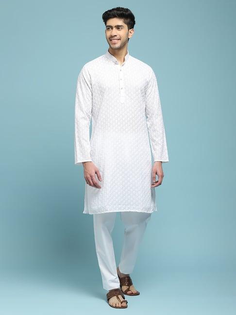 house of chikankari white cotton cotton schiffli with sequins solid men's long kurta