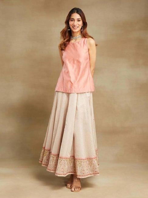 fabindia pink embroidered top skirt set