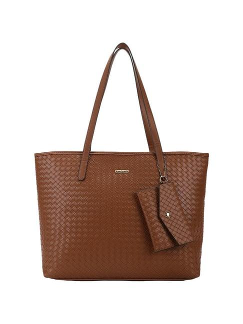 fastrack tan textured medium tote handbag with pouch