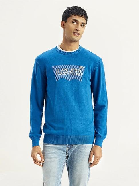 levi's blue cotton slim fit logo printed sweater