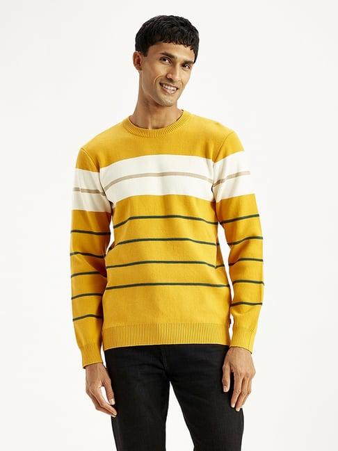 levi's mustard cotton slim fit striped sweater