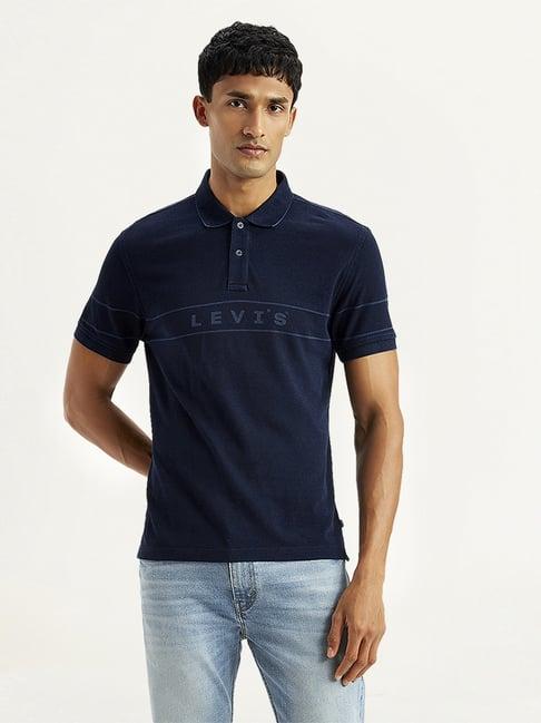 levi's navy cotton slim fit logo printed polo t-shirt