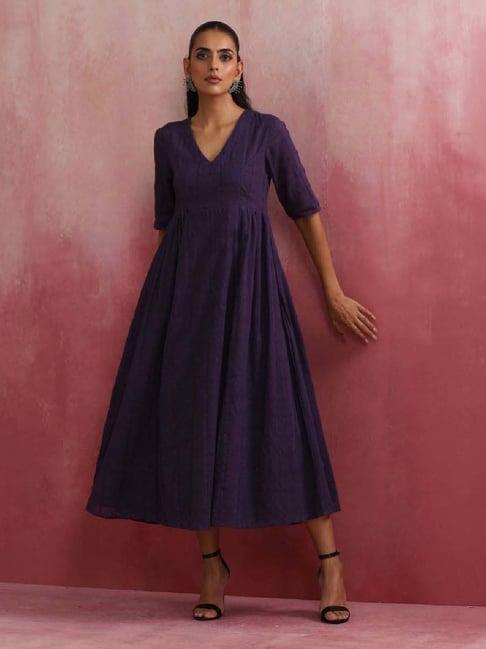 truebrowns navy cotton embroidered a-line dress