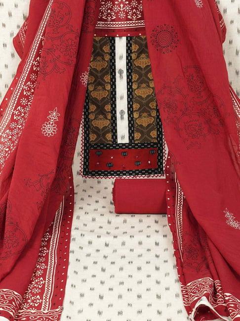 kami kubi off white & red cotton embroidered unstitched dress material