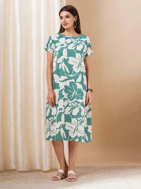 kami kubi blue cotton floral print a-line dress