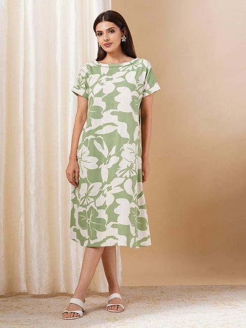 kami kubi green cotton floral print a-line dress