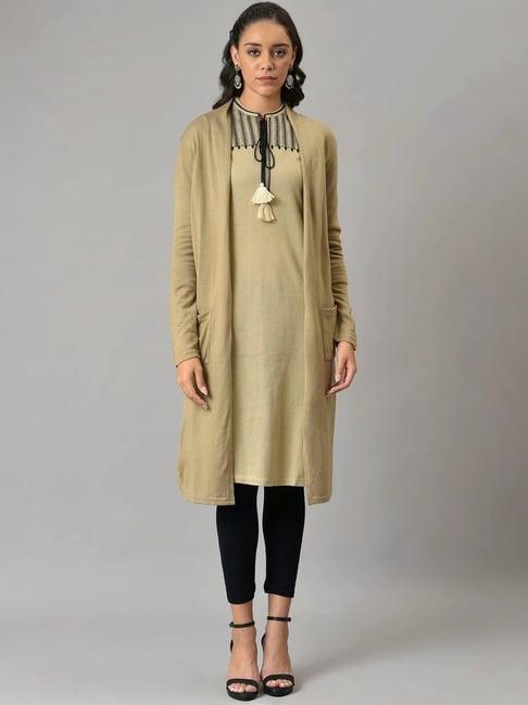 w beige plain long cardigan