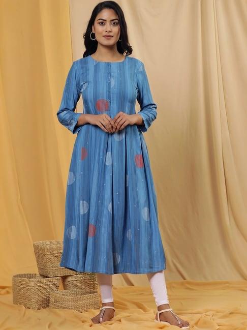 w blue & white printed kurta pant set