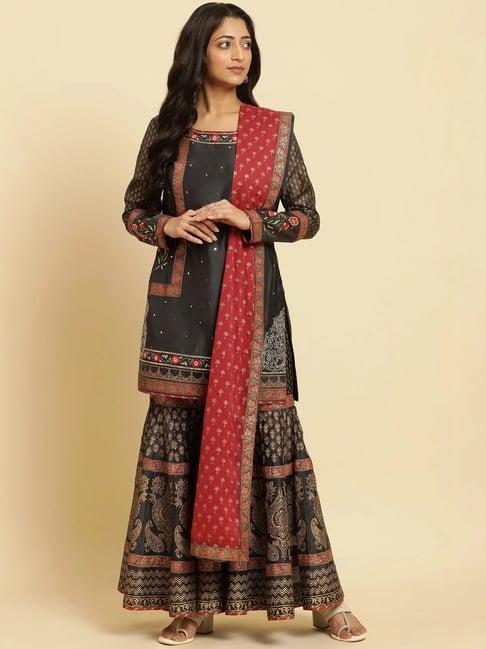 wishful by w grey printed kurti sharara set with dupatta