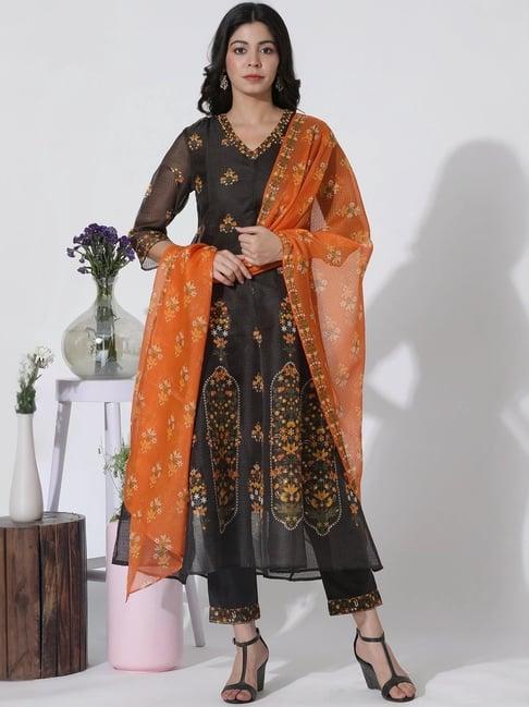 w black printed kurta pant set with dupatta