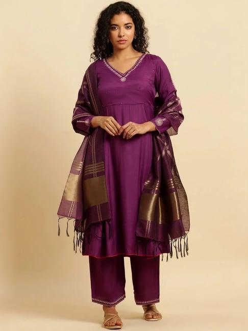 w purple embroidered kurta pant set with dupatta