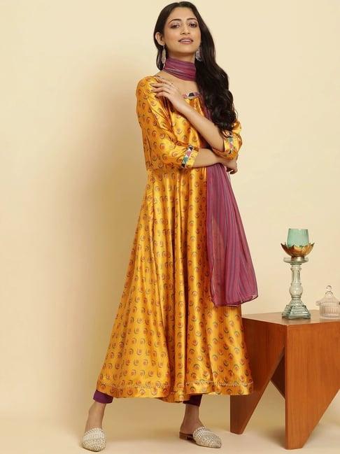 w mustard & purple printed kurta leggings set with dupatta