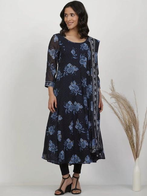 w blue printed kurta leggings set with dupatta