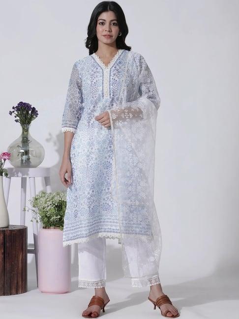 w blue & white printed kurta pant set with dupatta