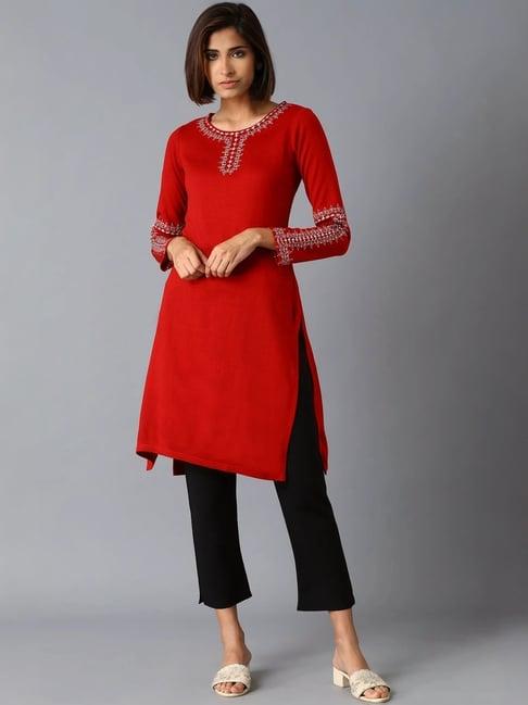 w red embroidered straight kurti