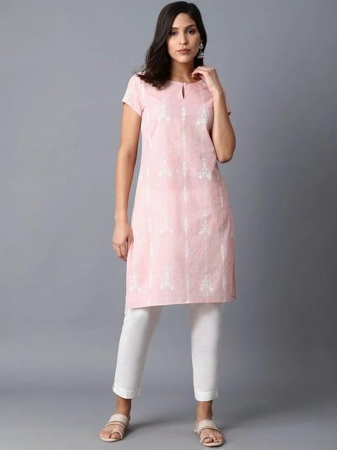 w pink cotton printed straight kurta