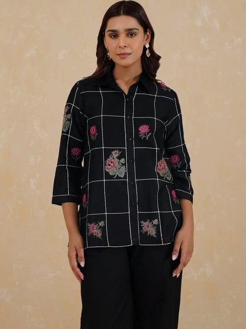 inching india black dariya cross stitch embroidered shirt top