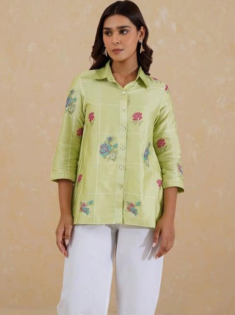 inching india green dariya cross stitch embroidered shirt top