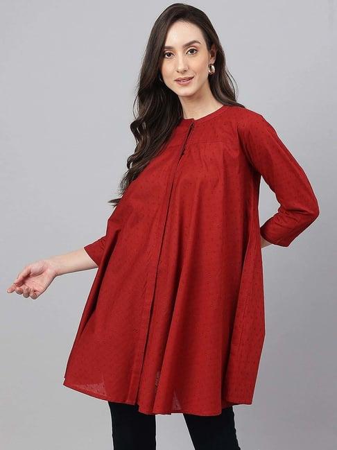 janasya maroon cotton self pattern tunic