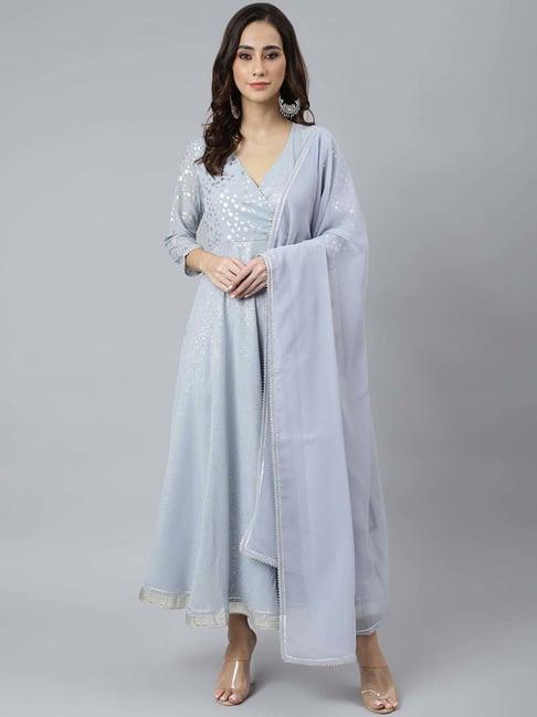 janasya sky blue printed angrakha kurta with dupatta