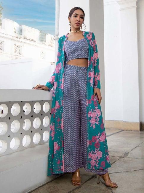 janasya turquoise printed crop top & palazzo set with jacket