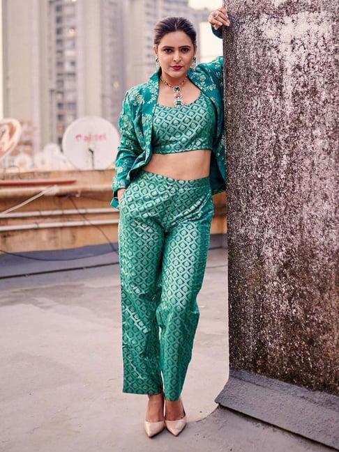 janasya rama green woven pattern top & pant set with jacket