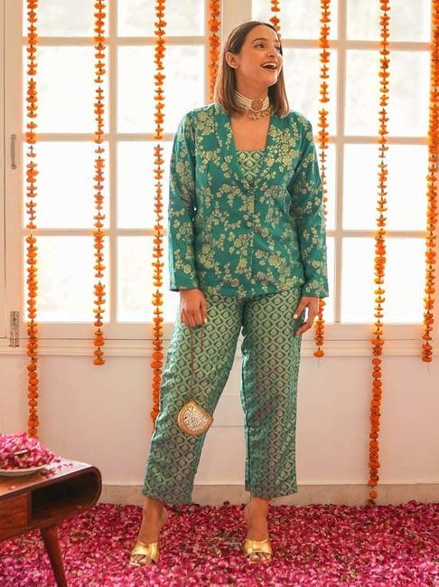 janasya rama green woven pattern top & pant set with jacket