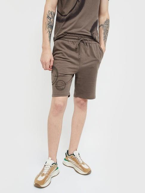 smileyworld brown cotton regular fit printed shorts