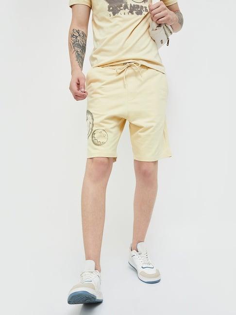 smileyworld beige cotton regular fit printed shorts