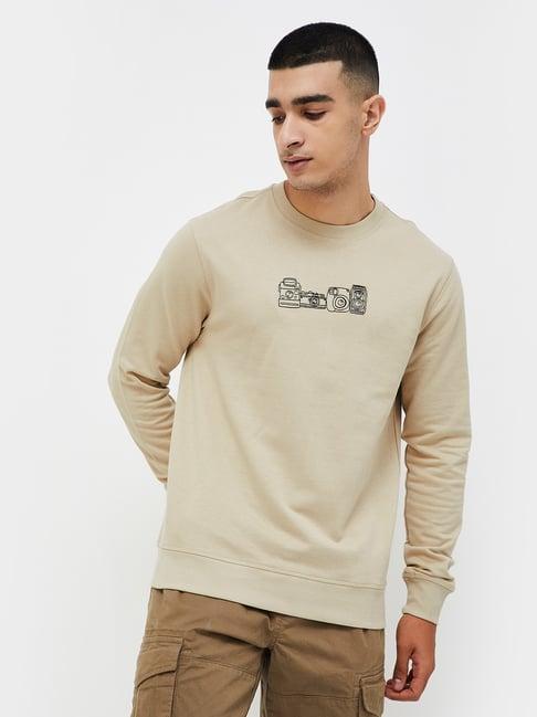 fame forever by lifestyle beige cotton regular fit sweatshirt