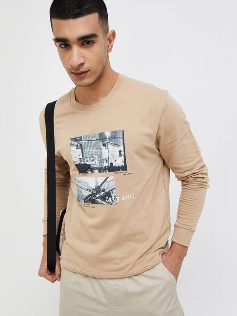 fame forever by lifestyle brown cotton regular fit printed sweatshirt