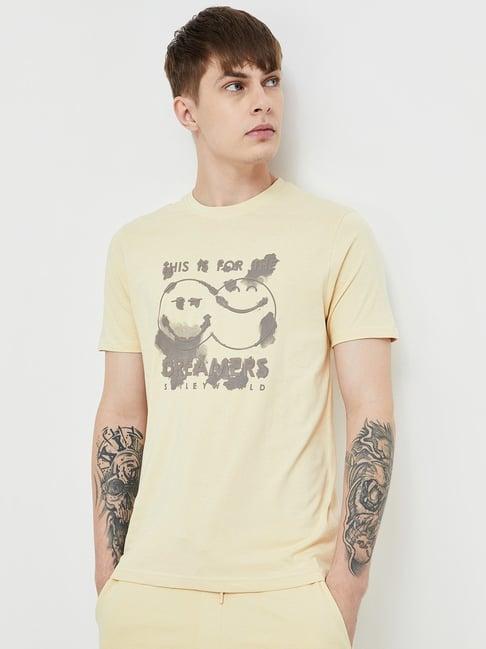 smileyworld beige cotton regular fit printed t-shirt