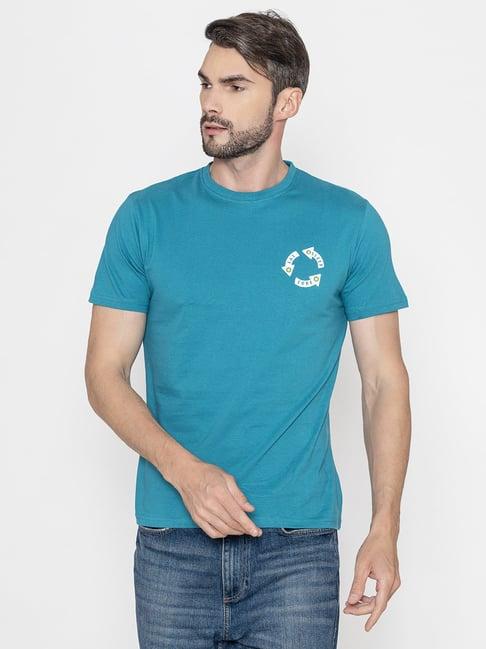 bonjour harbor blue cotton regular fit printed t-shirt