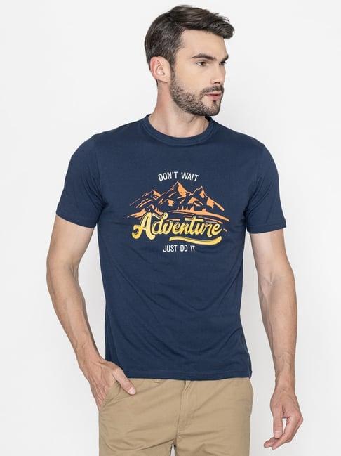 bonjour navy cotton regular fit printed t-shirt