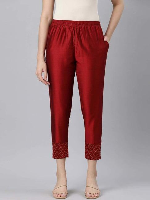 twin birds berry red embroidered pants