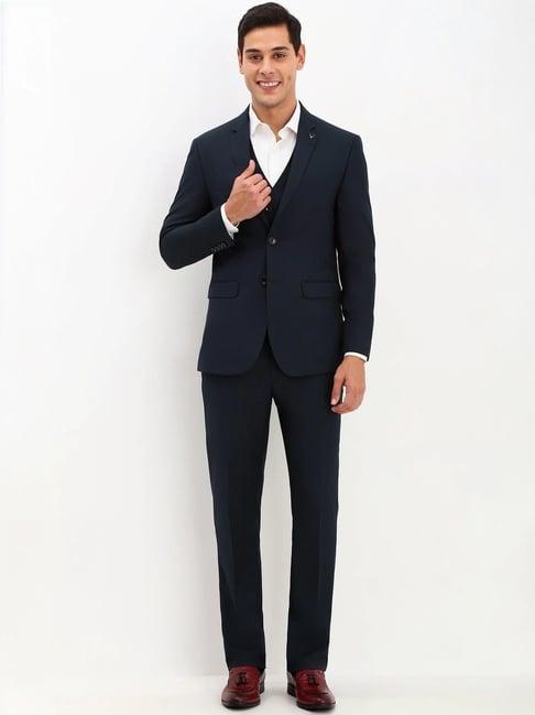 allen solly navy slim fit three piece suit