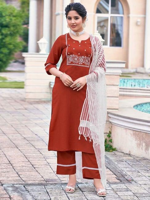 skylee orange embroidered kurta with pant & dupatta