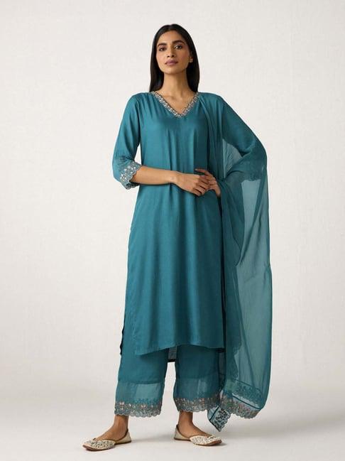 ancestry teal blue embroidered dupatta